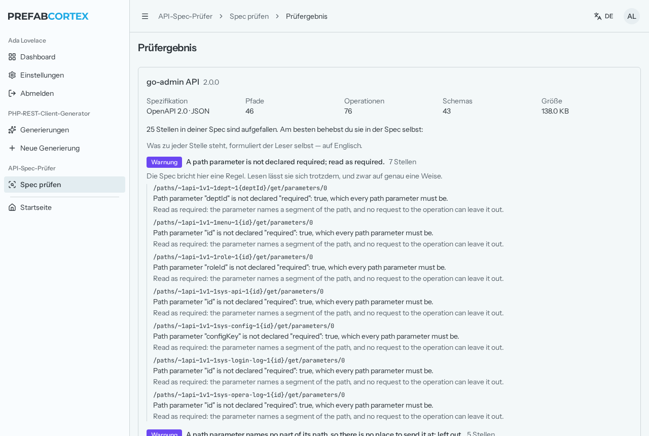 Bildschirmfoto eines Prüfergebnisses: Kopfdaten des Dokuments, darunter die Befunde nach Art sortiert, jede Stelle mit ihrem Pfad im Dokument.