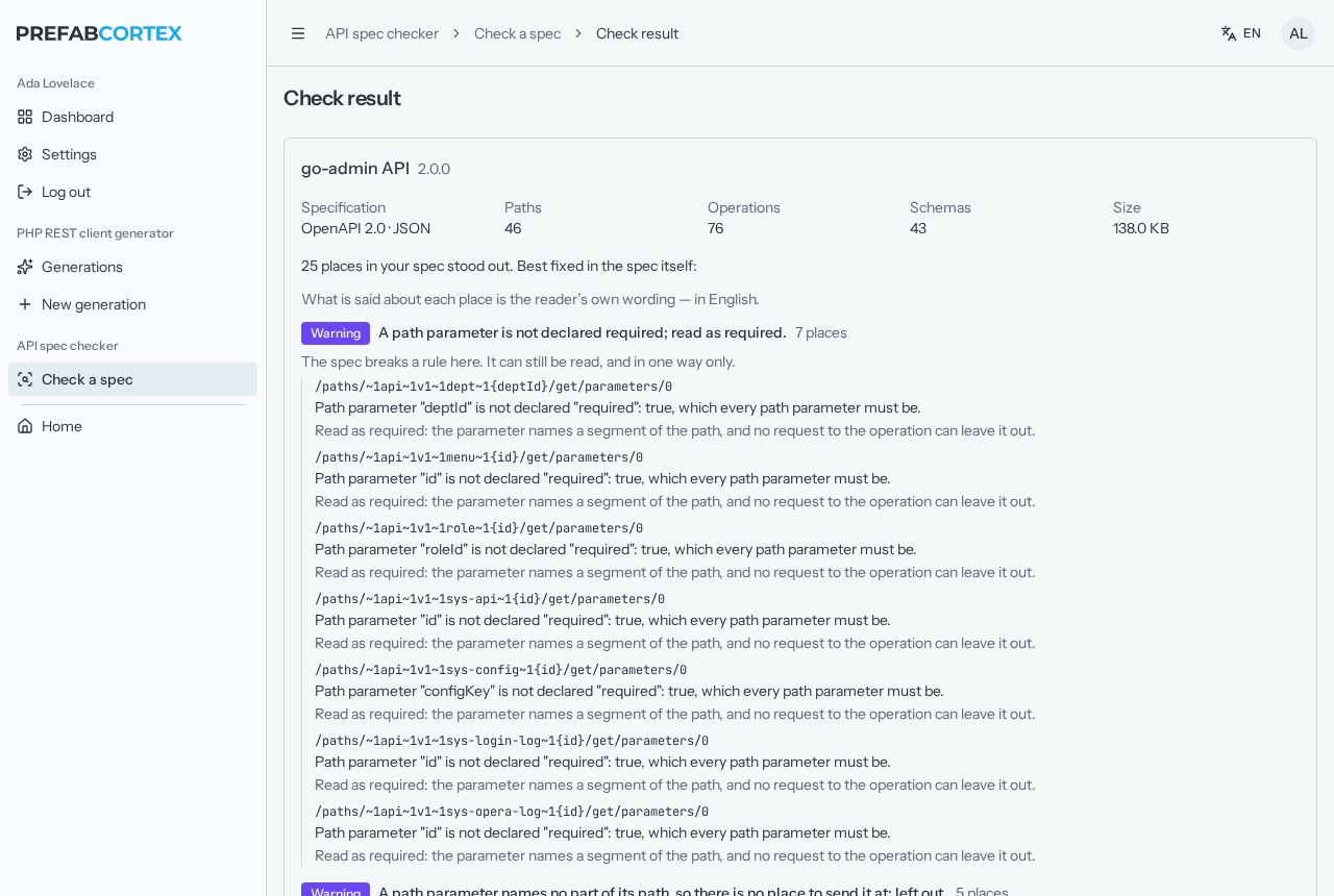 Screenshot of a check result: the document’s key figures, and below them the findings sorted by kind, each place with its path in the document.