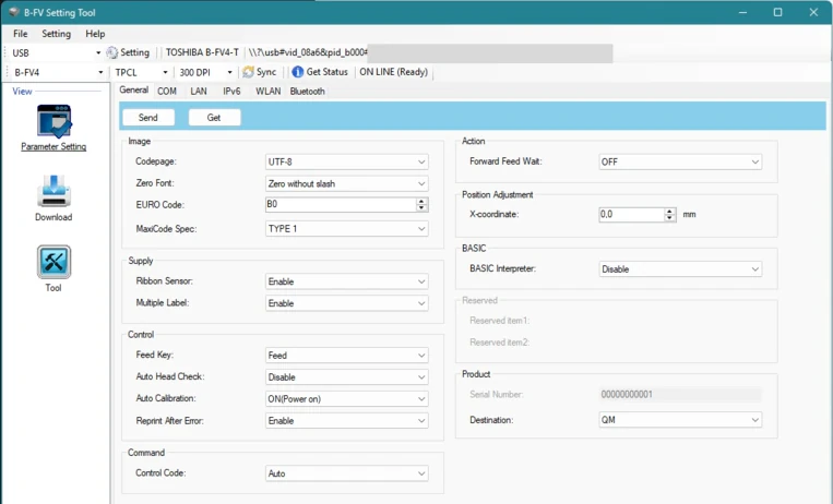 The B-FV Setting Tool: command language TPCL, 300 DPI, Forward Feed Wait set to OFF