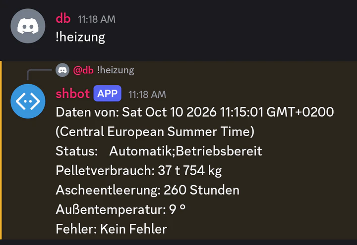 Discord: a bot answers the command !heizung with status, pellet consumption, ash removal, outside temperature and errors