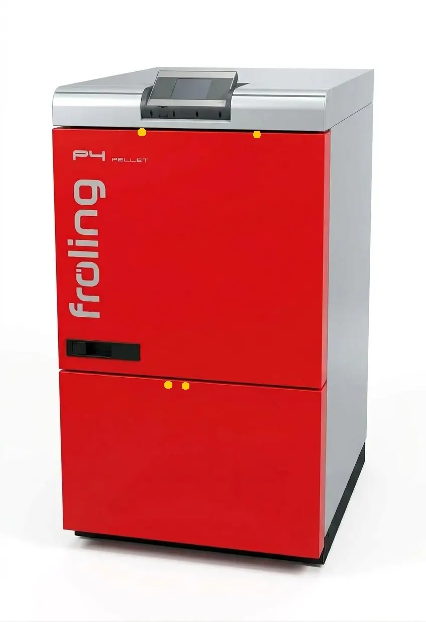 Fröling P4 from the front, four yellow dots mark the screws of the front cover