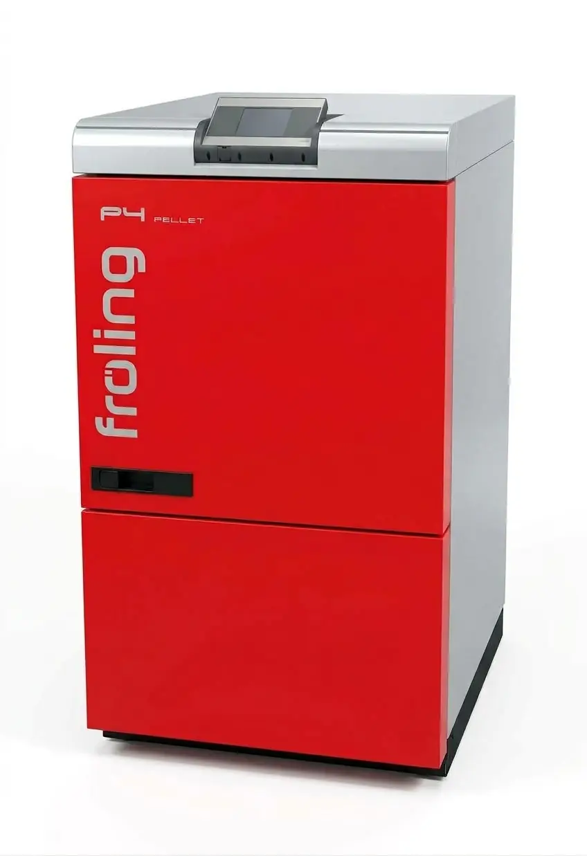 Fröling P4 Pellet: a red pellet boiler with a grey lid and the display on top