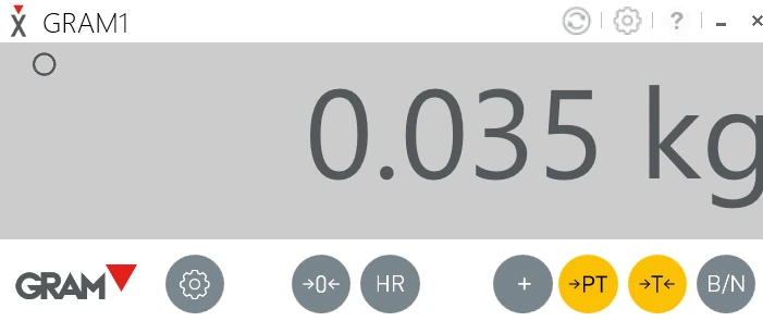 GRAM-PC-XTREM with the weight display and the toolbar, including the buttons for zero and tare