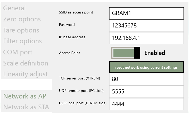 The scale's network settings as an access point, TCP server port set to 80